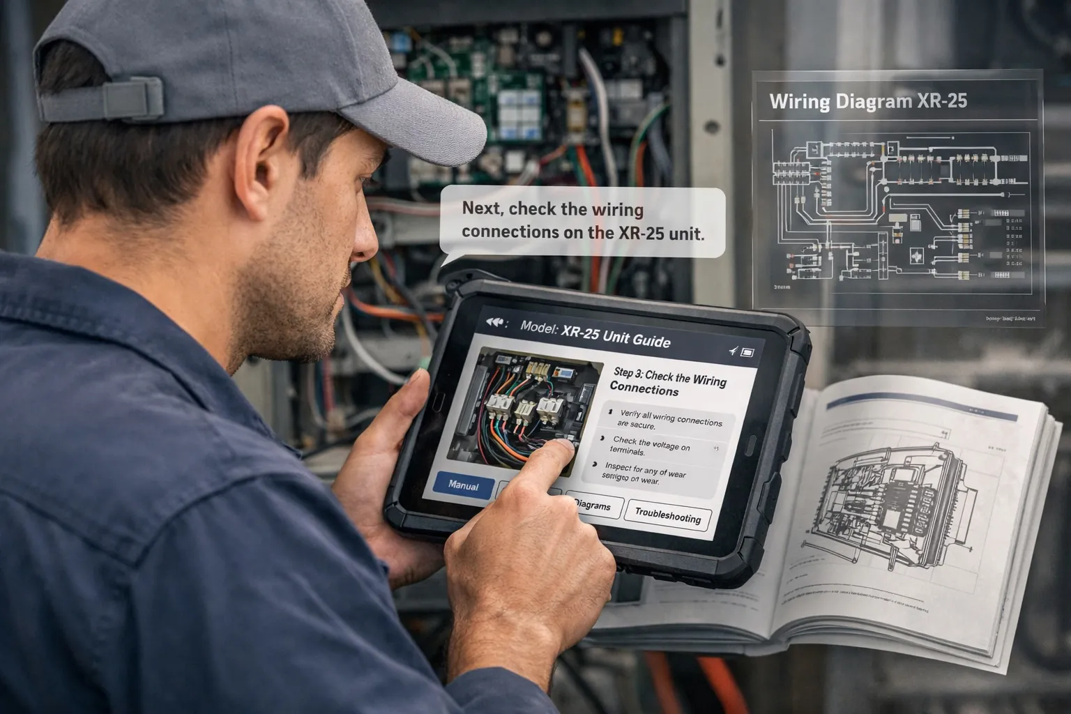 HVAC technician checking wiring on a tablet that shows a unit guide, with a wiring diagram floating beside the equipment