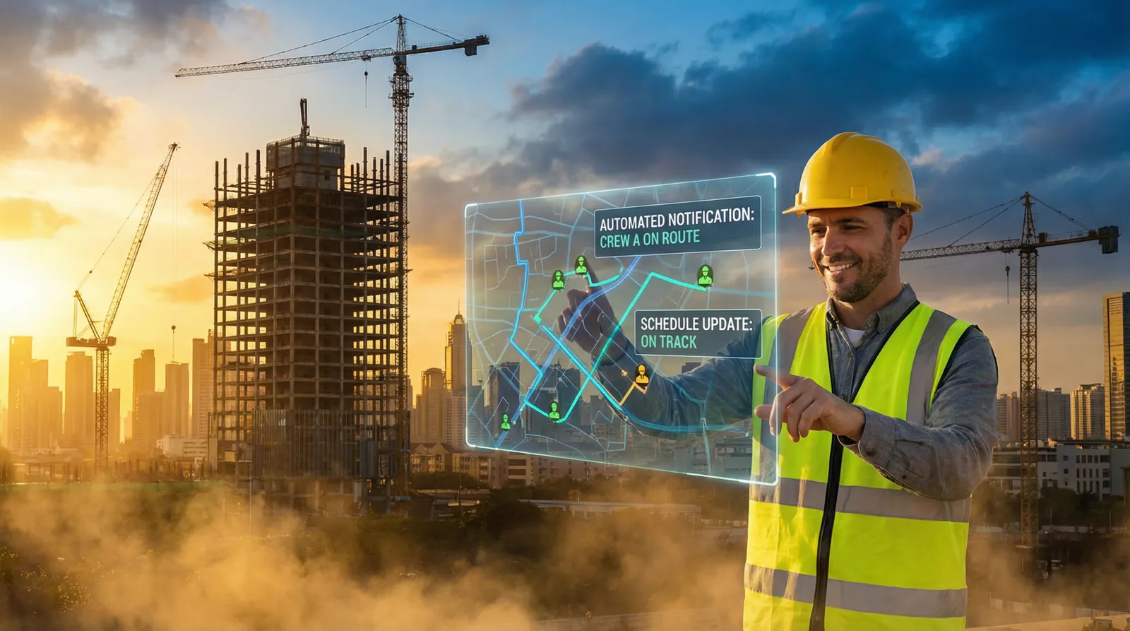 A construction worker in a hard hat points at a floating map display of crew locations, with a high-rise and cranes behind him