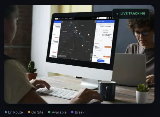 Dispatcher at a desktop computer viewing a live map of technicians, with En Route, On Site, Available and Break status labels