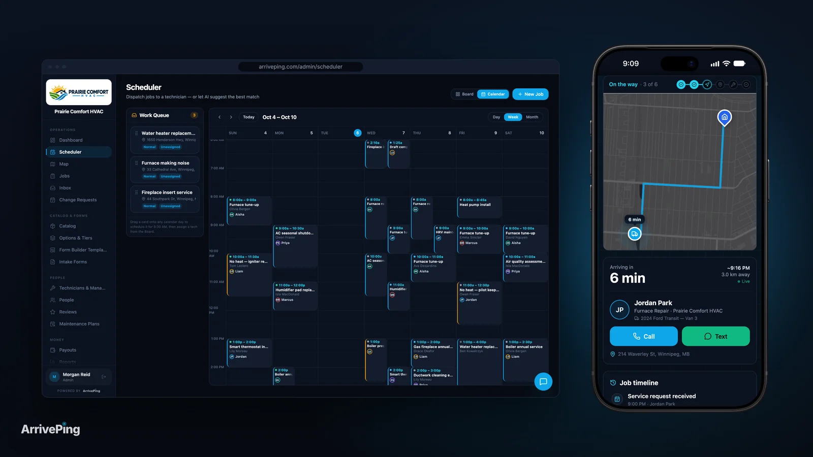 The ArrivePing scheduler with a week of HVAC jobs dispatched to technicians, beside the customer's phone showing the technician on the way, a 6-minute ETA and Call and Text buttons