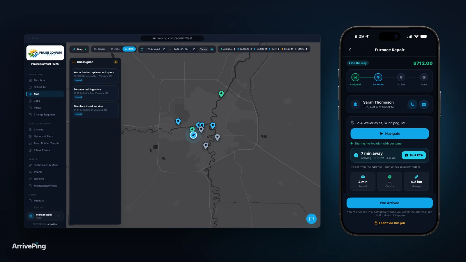 The ArrivePing live map with technicians and unassigned jobs across Winnipeg, beside the technician app showing an en-route job with a 7-minute ETA and one-tap Navigate