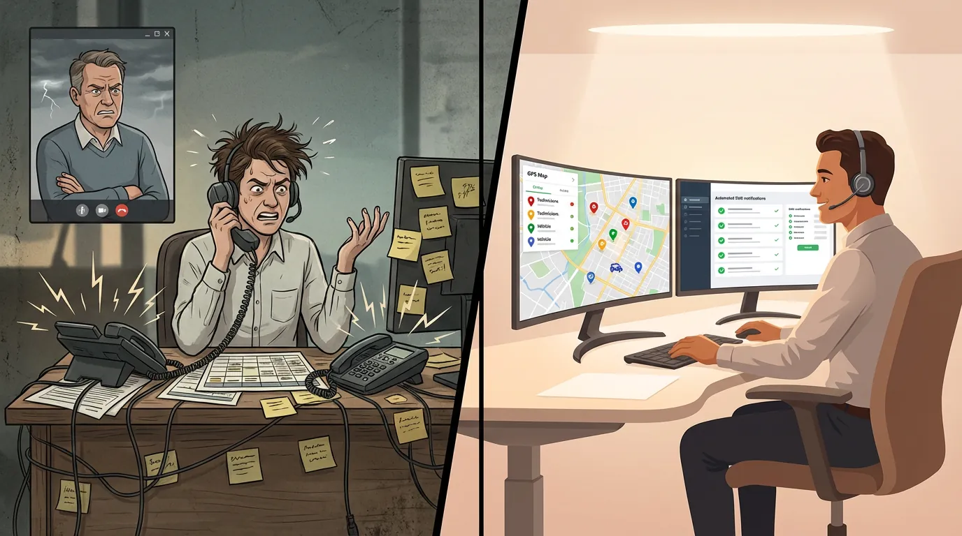 Split-screen illustration contrasting a chaotic dispatch operation with sticky notes and ringing phones against a modern, clean real-time GPS dispatch dashboard — friction vs. frictionless field operations.
