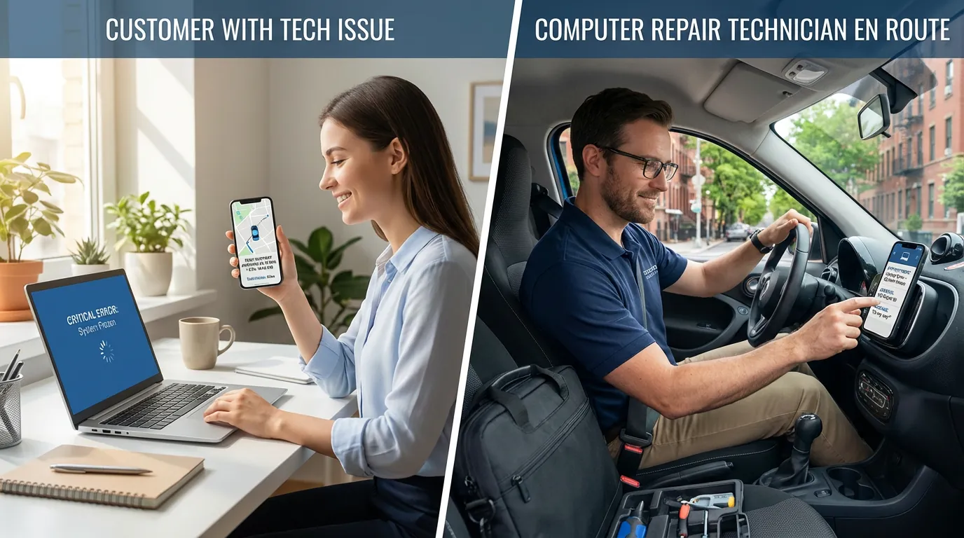 Split image: a customer at home smiles at a tracking map on her phone while a technician in his van checks the job on a dash-mounted phone