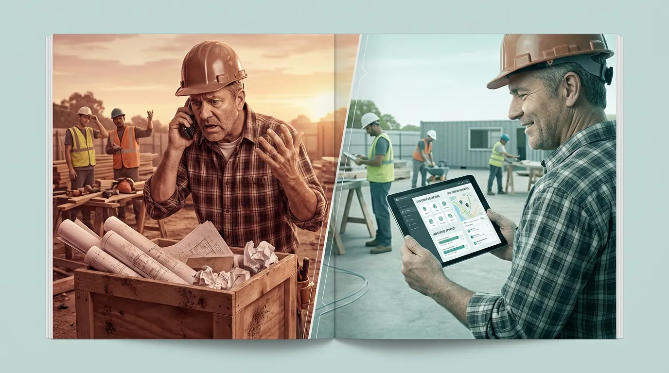 Split illustration: a frustrated foreman on the phone beside a crate of crumpled paper plans, contrasted with a smiling foreman checking crew status on a tablet at a tidy jobsite
