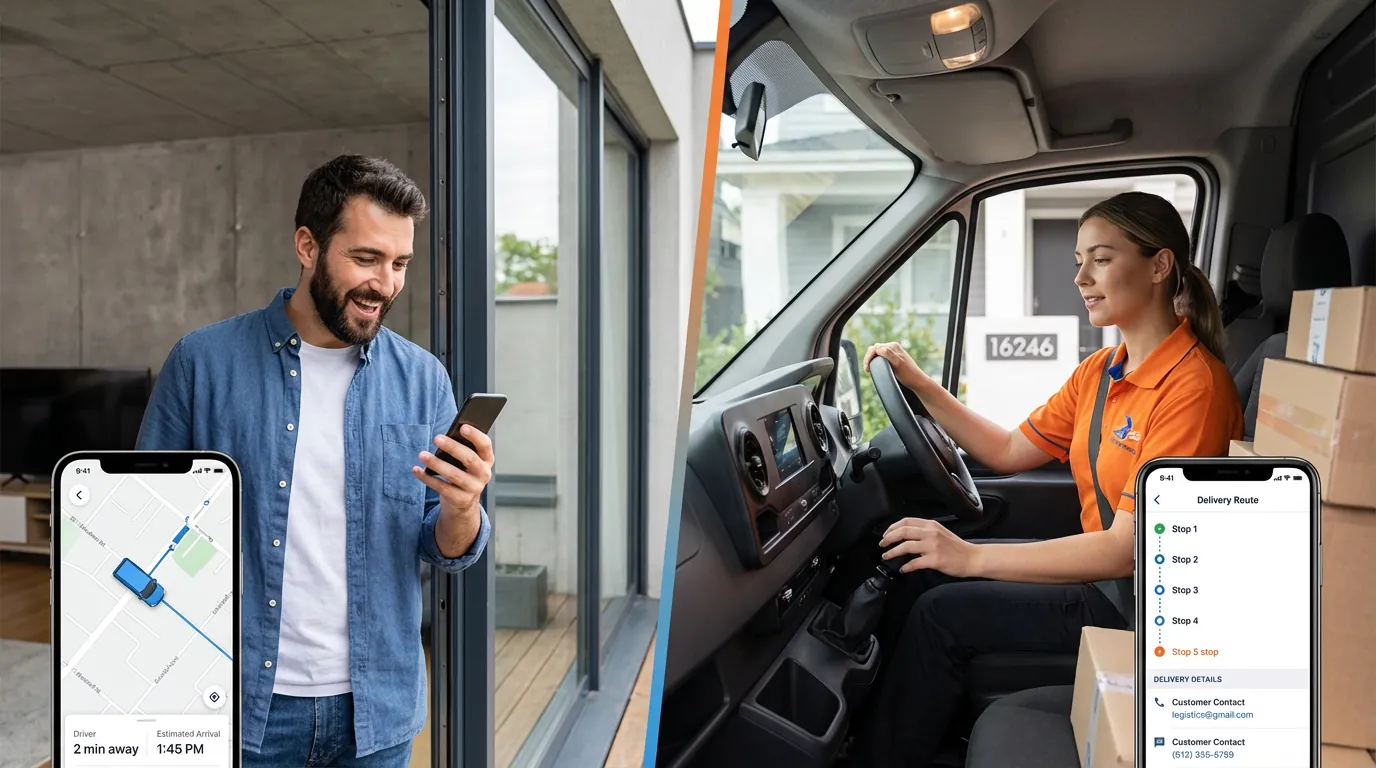 Split image: a man at his front door checking a live tracking map on his phone, and a driver in a delivery van with a route list on her phone