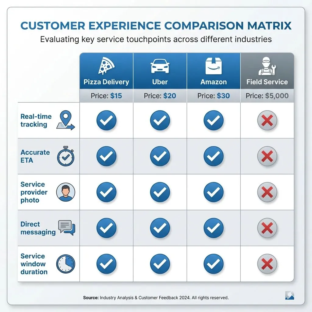 Comparison matrix of pizza delivery, Uber, Amazon and field service across real-time tracking, accurate ETA, service provider photo, direct messaging and service window