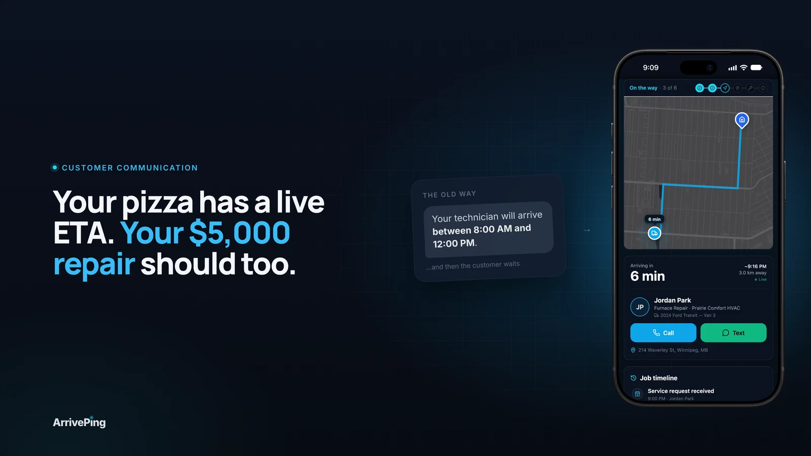"Your pizza has a live ETA. Your $5,000 repair should too." headline beside a text message giving a four-hour service window and the customer tracking page with a live ETA
