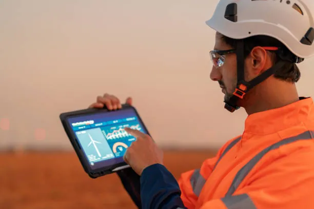 A technician in a hard hat and high-visibility jacket uses a tablet on site