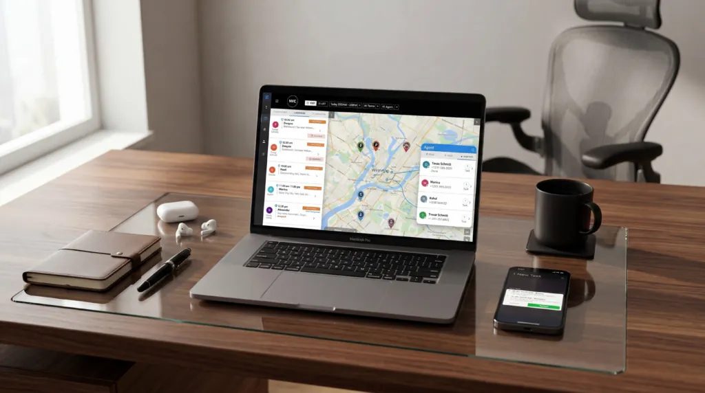 A laptop on a desk showing a dispatch dashboard with a map of technician locations, beside a phone, notebook and coffee mug