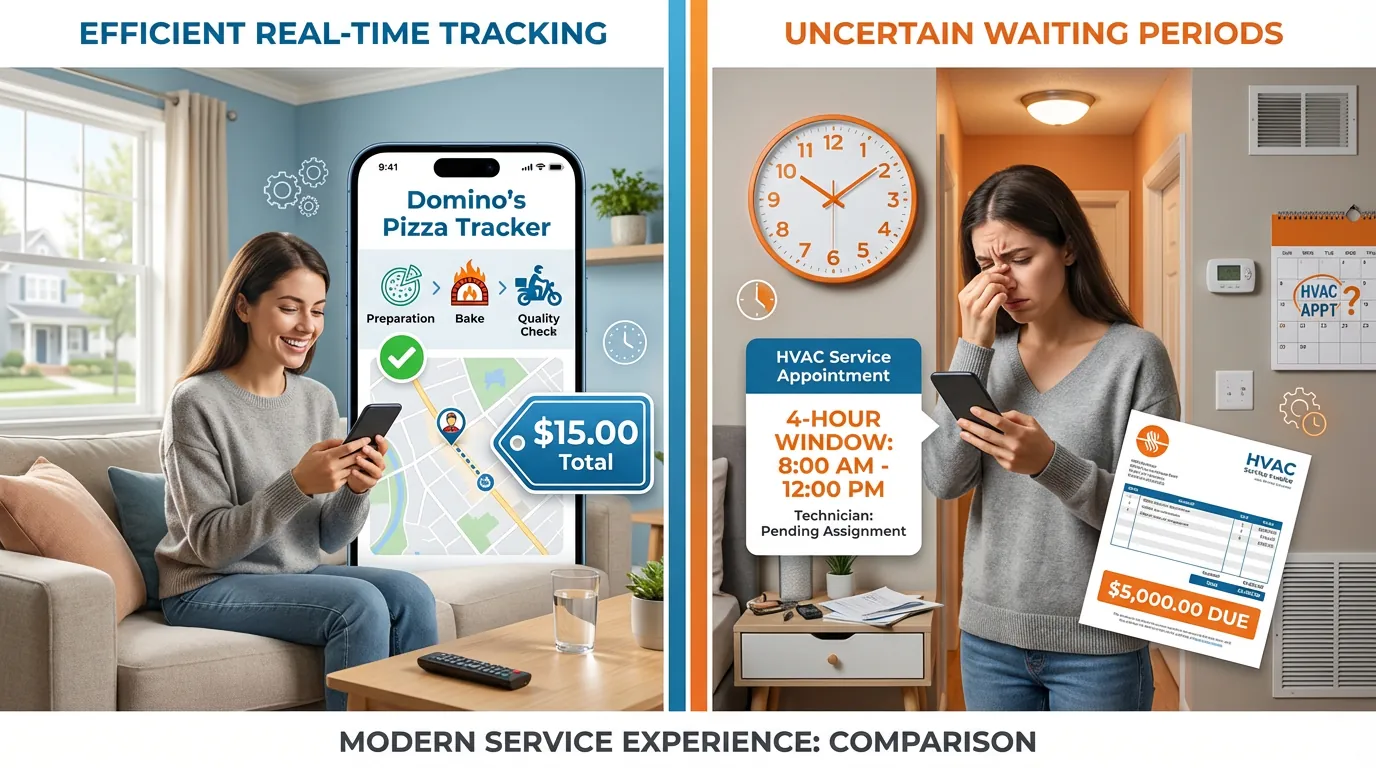Side-by-side comparison: a woman relaxes while tracking a pizza delivery on her phone, while another waits stressed through a four-hour HVAC service window.