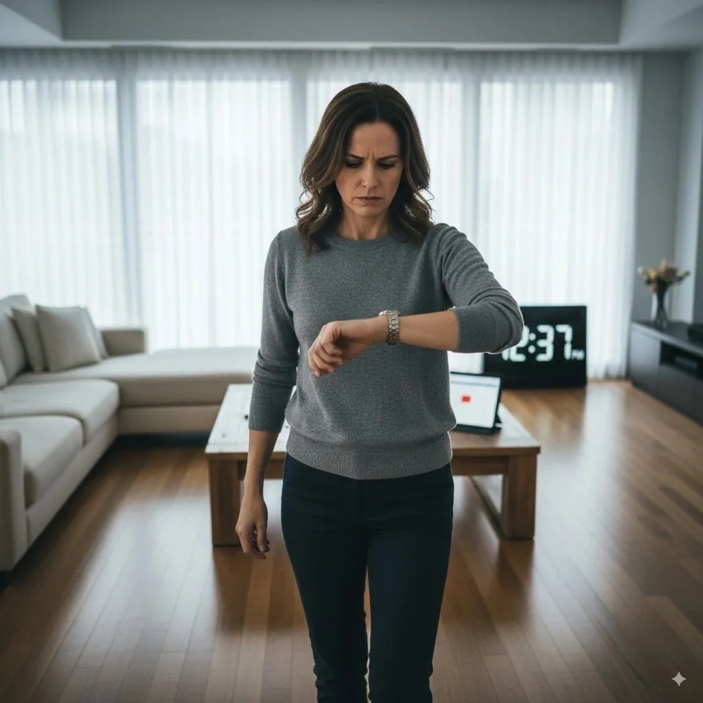 Woman in a gray sweater, facing the camera, frustrated, looking at her watch.