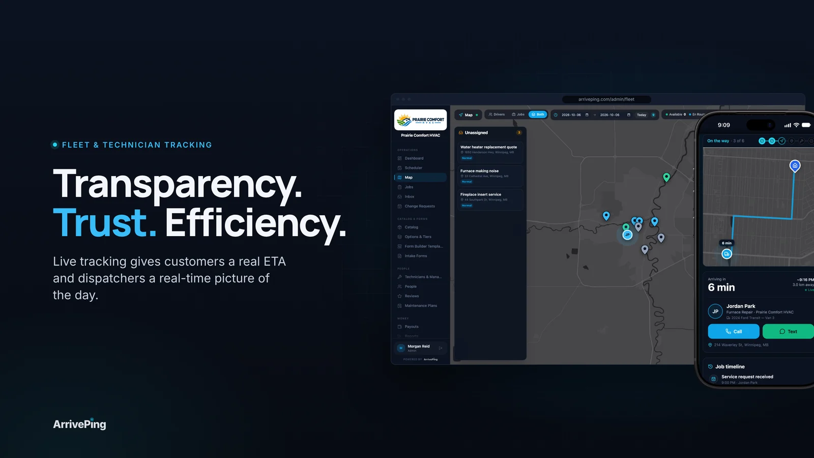 "Transparency. Trust. Efficiency." headline beside the ArrivePing live fleet map and the customer tracking page with a live ETA