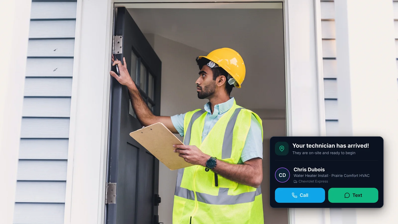 A contractor in a hard hat and safety vest at a home's front door with a clipboard, beside the ArrivePing customer tracking card that reads "Your technician has arrived!" with the technician's name and Call and Text buttons