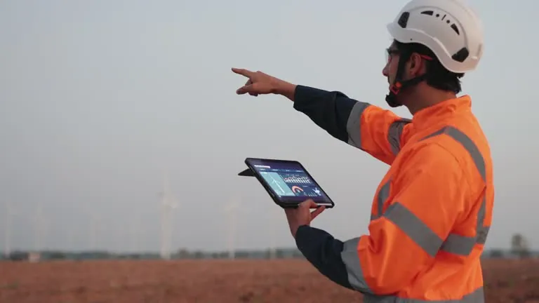 A technician in a hard hat and high-visibility jacket holds a tablet and points across an open site