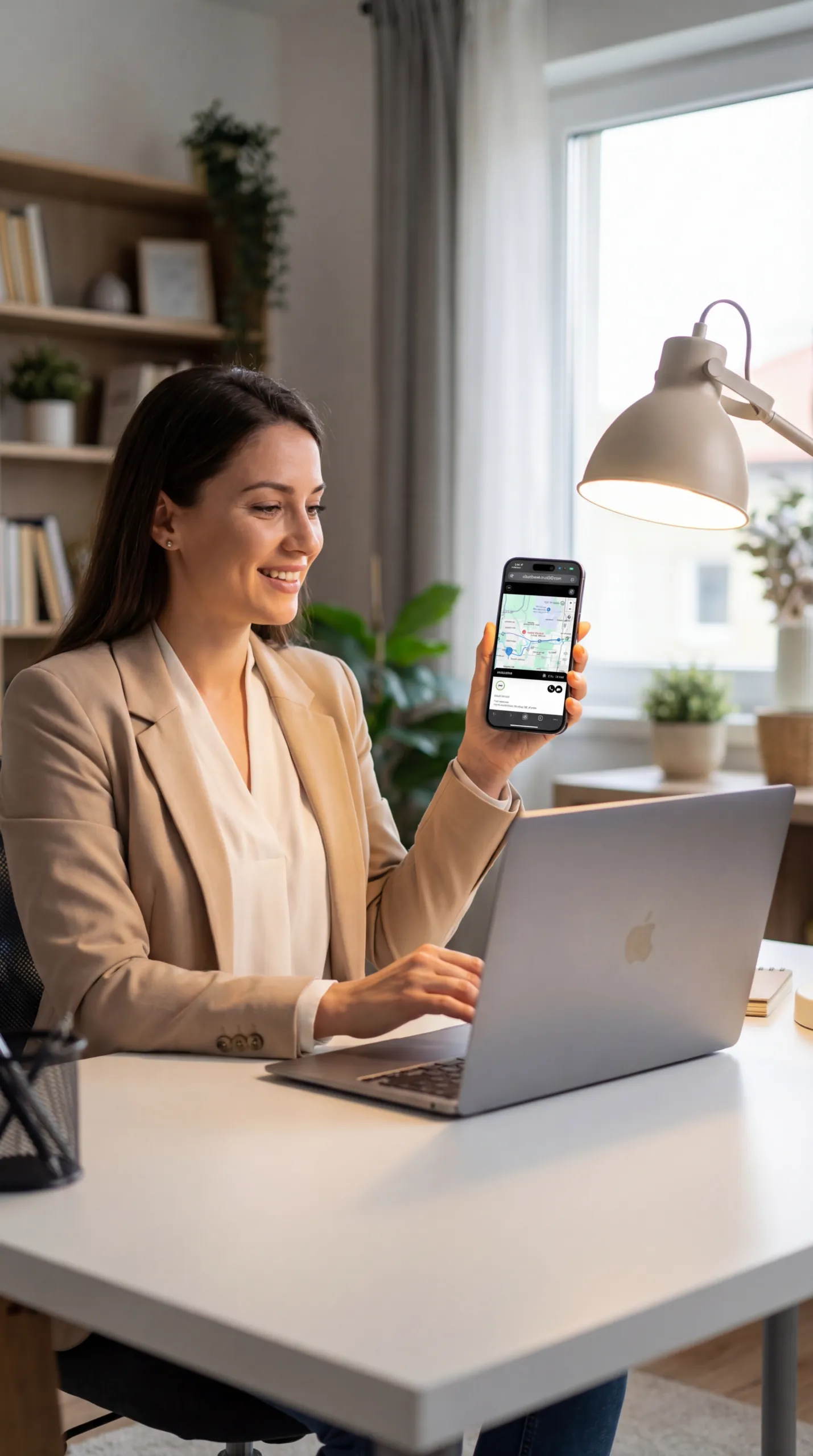 Woman at a home office desk with a laptop, smiling and holding up a phone that shows a map