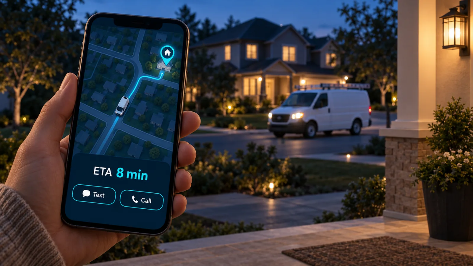 A homeowner's phone showing a live map with the service van eight minutes away and Text and Call buttons, with the van arriving at a house at dusk in the background
