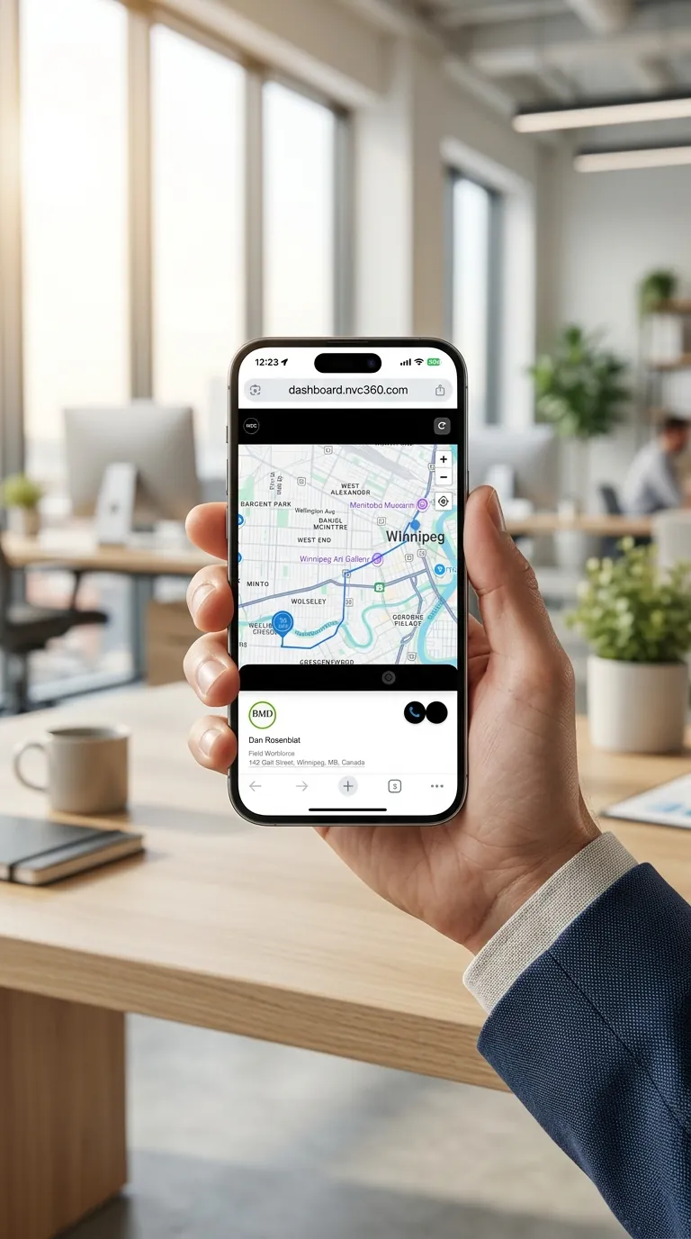 Hand holding a phone that shows a technician tracking map in an office