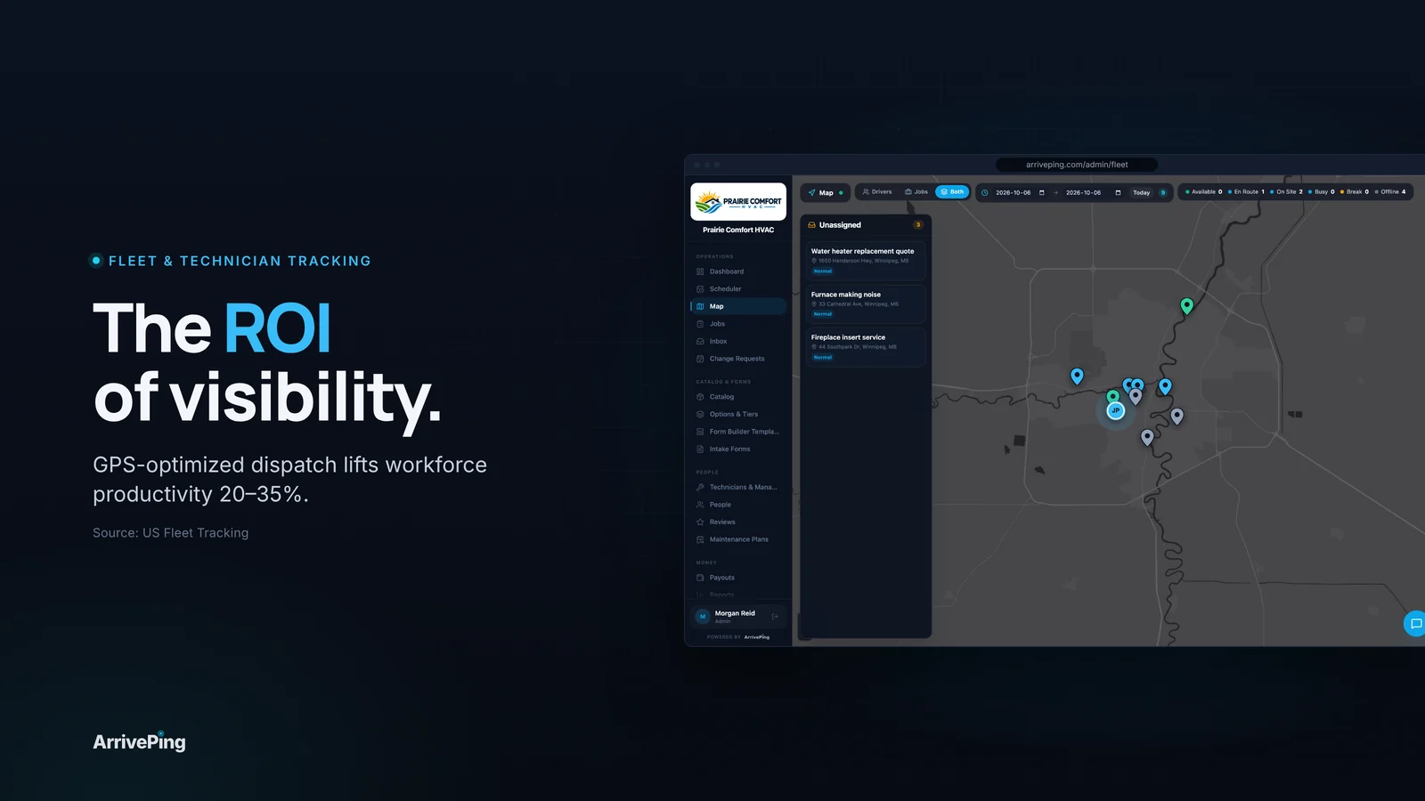 "The ROI of visibility." headline beside the ArrivePing live fleet map