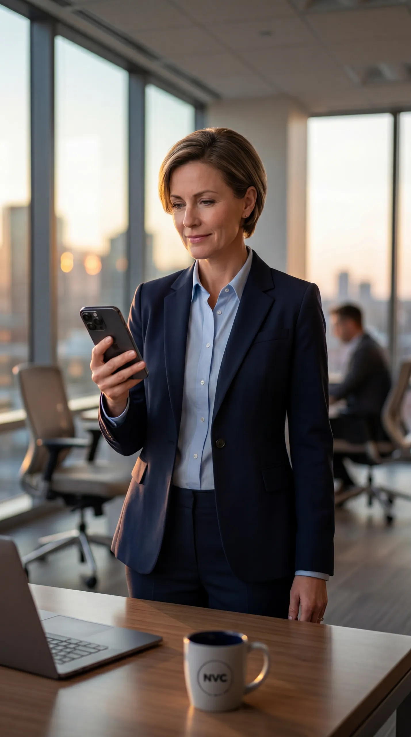 Woman in a suit holding an iPhone