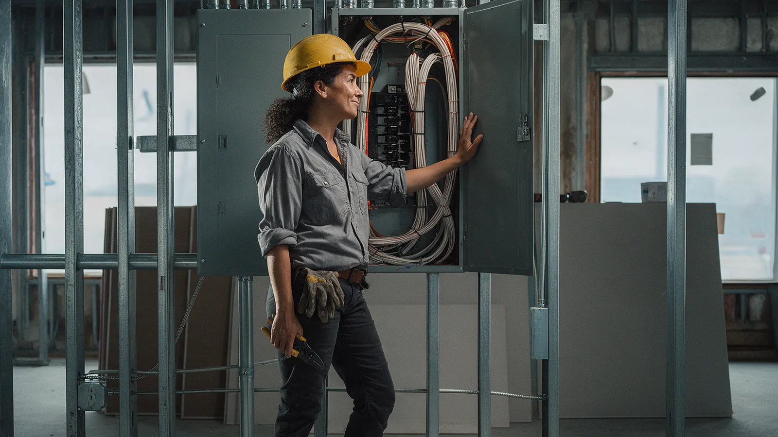 An electrician in a yellow hard hat closing a neatly wired panel on an unfinished commercial job site