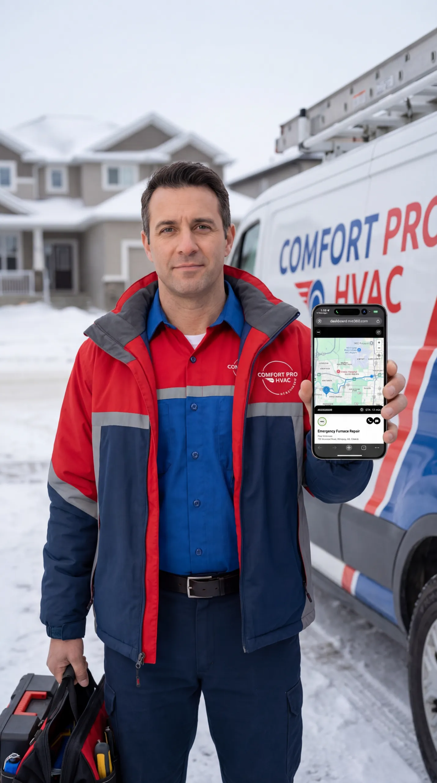 An HVAC technician in a winter jacket stands beside his service van in the snow, holding up a phone that shows a tracking map