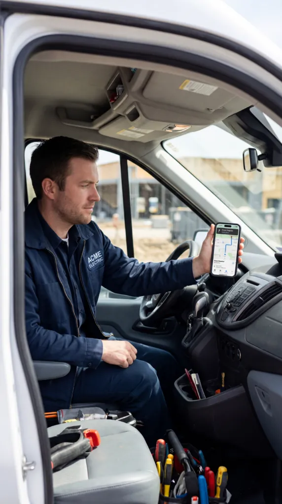 Electrician sitting in a work van holding a phone that shows a map