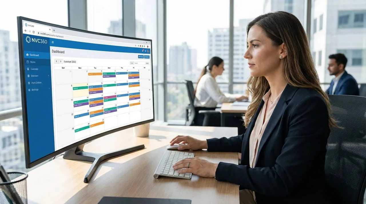 An office dispatcher reviews a colour-coded schedule calendar on a large monitor