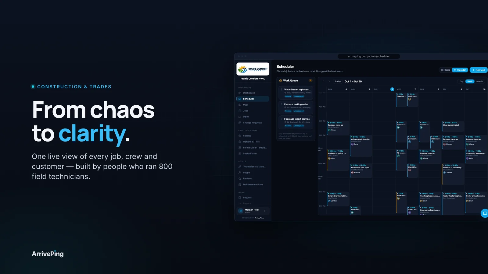 "From chaos to clarity." headline beside the ArrivePing dispatch scheduler