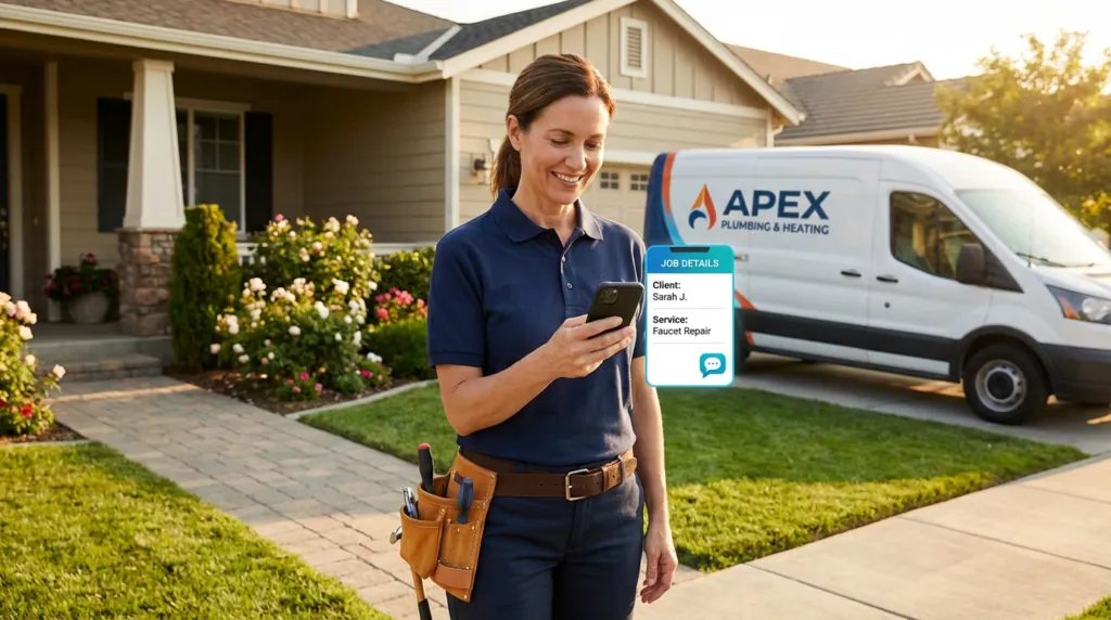 Plumber standing in front of a service van, smiling at job details on her phone