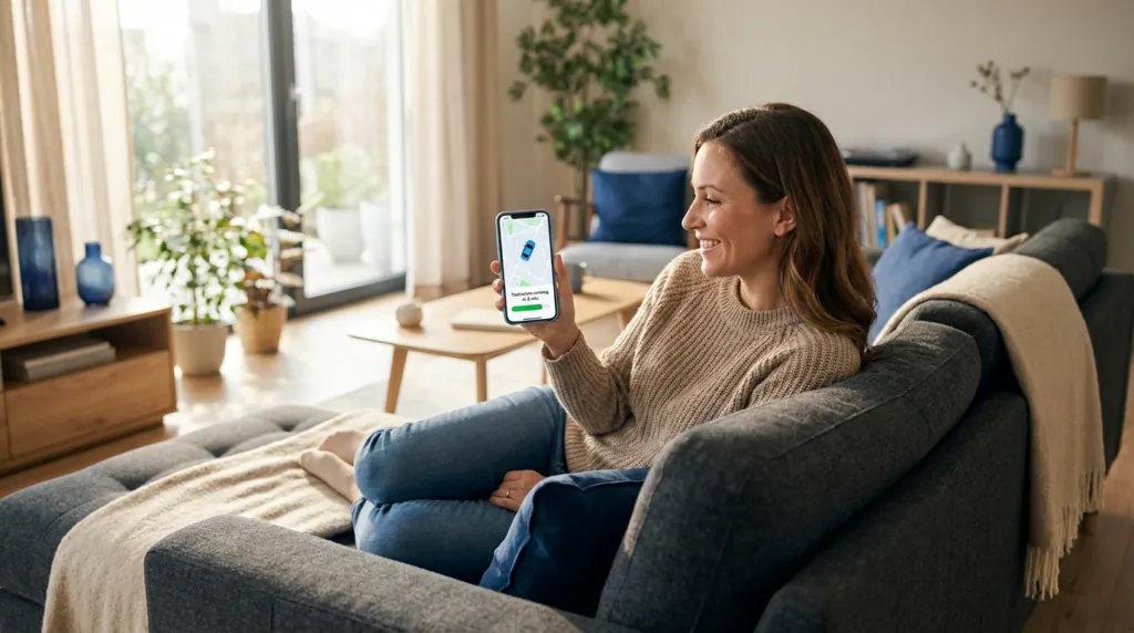 A woman sitting on her couch, smiling and holding up a phone with a tracking screen open