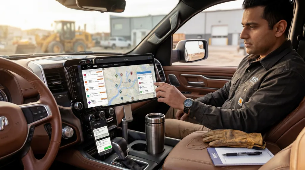 A field technician in his truck reviews jobs on a dash-mounted tablet showing a live map