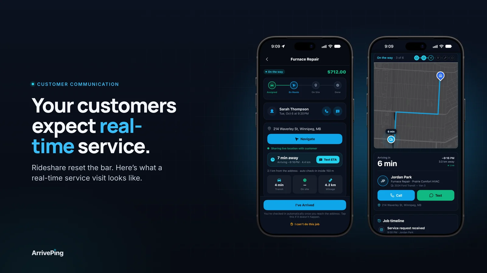 "Your customers expect real-time service." headline beside the ArrivePing technician app en route and the customer tracking page with a live ETA