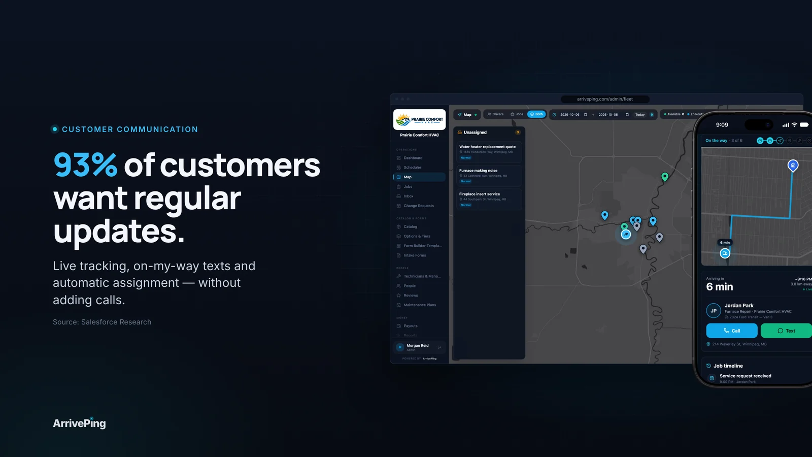 "93% of customers want regular updates." headline beside the ArrivePing live fleet map and the customer tracking page with a live ETA