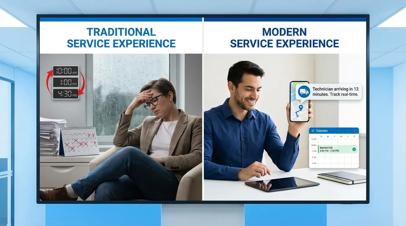 Split image comparing a traditional service experience, a woman waiting stressed beside a clock, with a modern one, a man smiling at a technician-arrival alert on his phone.