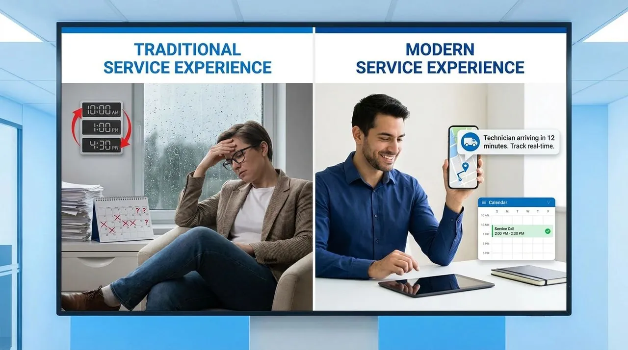 Split screen comparing a traditional service experience, with a frustrated woman waiting through shifting appointment times, and a modern one, with a man smiling at a “Technician arriving in 12 minutes” alert