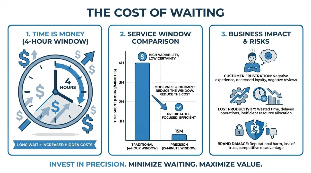 Infographic titled The Cost of Waiting, comparing a four-hour service window with a 15-minute precision window and listing customer frustration, lost productivity and brand damage