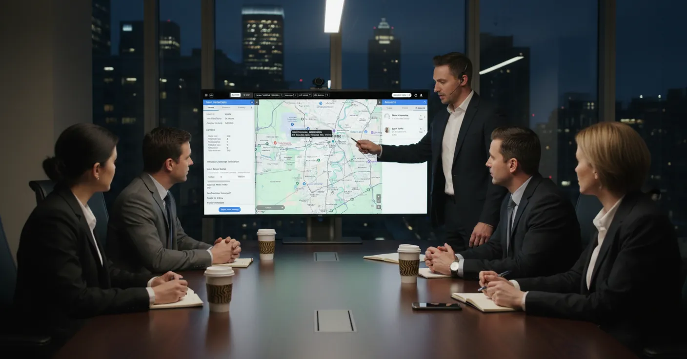 Team in a boardroom at night reviewing a live map dashboard on a wall screen