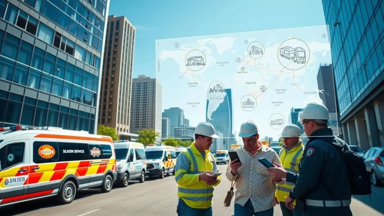Field workers in hard hats checking their phones beside a row of service vans on a city street