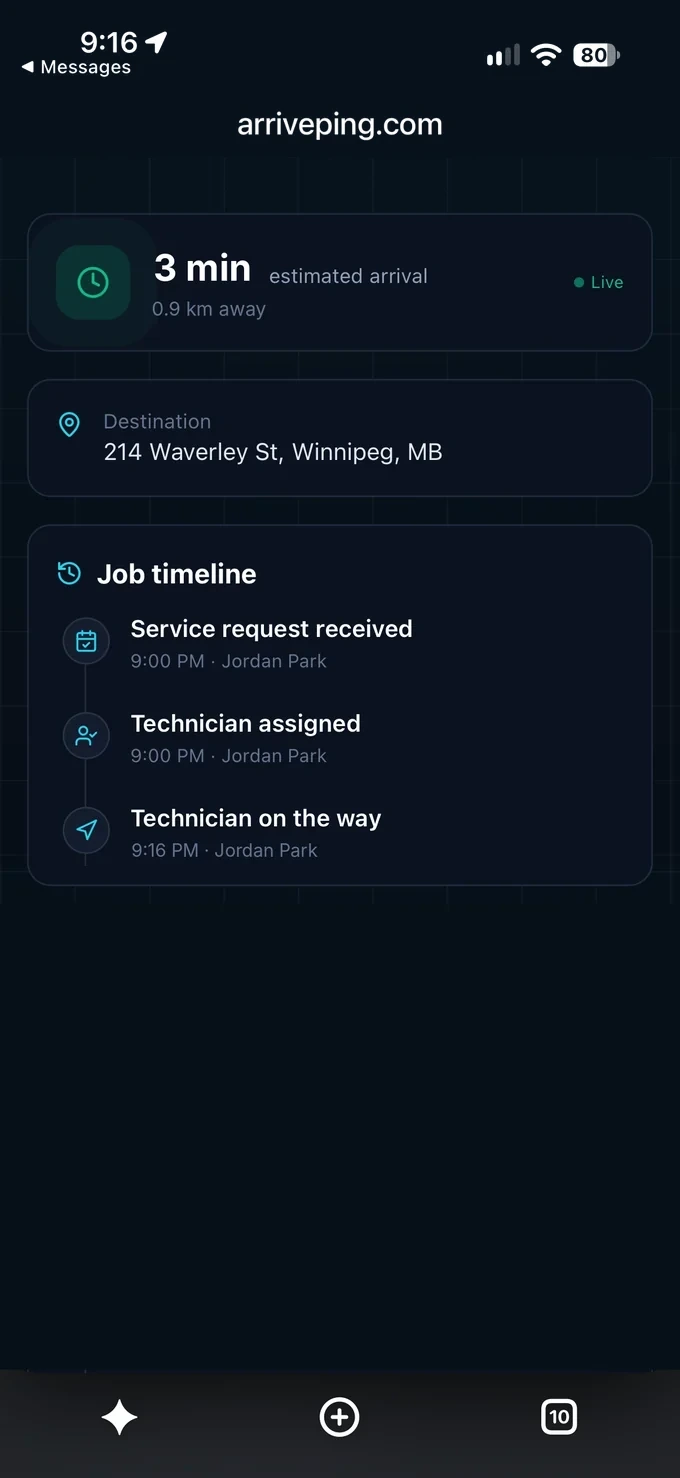 The customer's live tracking page in a phone browser: 3 min estimated arrival, 0.9 km away, destination 214 Waverley St, and a job timeline showing the request received, the technician assigned and the technician on the way.