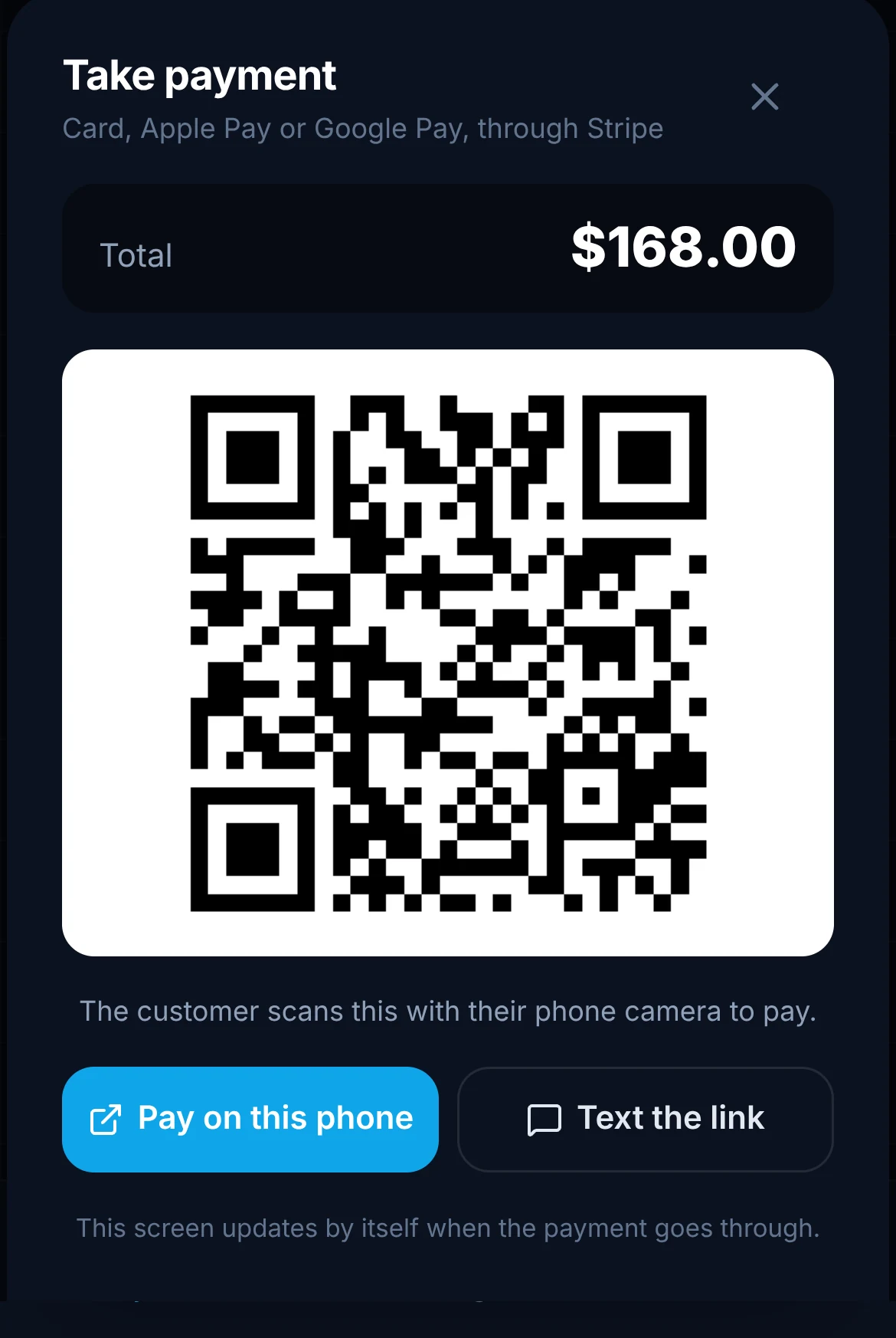 Take payment in the ArrivePing technician app: the $168.00 total, a QR code for the customer to scan, Pay on this phone and Text the link.