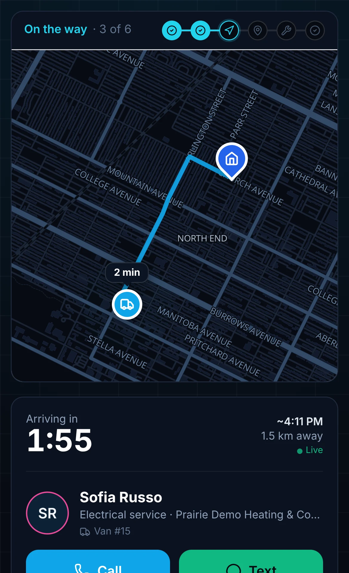 The ArrivePing customer tracking page on a phone: a live map, the technician's arrival countdown, and Call and Text buttons.