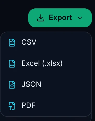 The ArrivePing reports Export menu: CSV, Excel, JSON and PDF.