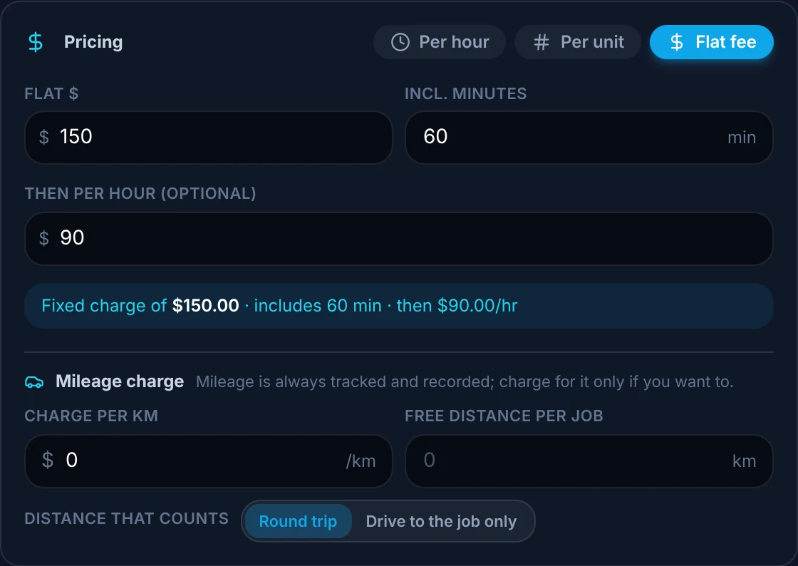 ArrivePing customer pricing set to a flat fee: $150 that includes 60 minutes, then $90 an hour, with an optional mileage charge per km.