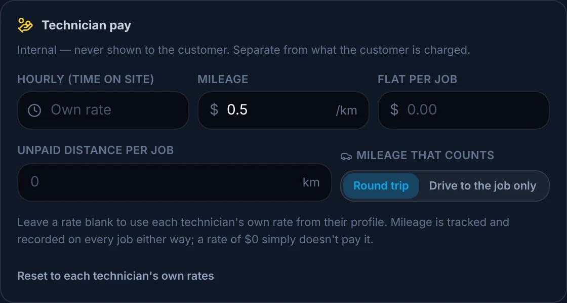 ArrivePing technician pay for the same workflow: the technician's own hourly rate plus $0.50 per km of mileage, round trip.