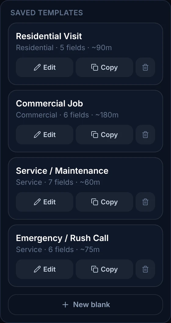 Saved work-order templates in ArrivePing: Residential Visit, Commercial Job, Service / Maintenance and Emergency / Rush Call.