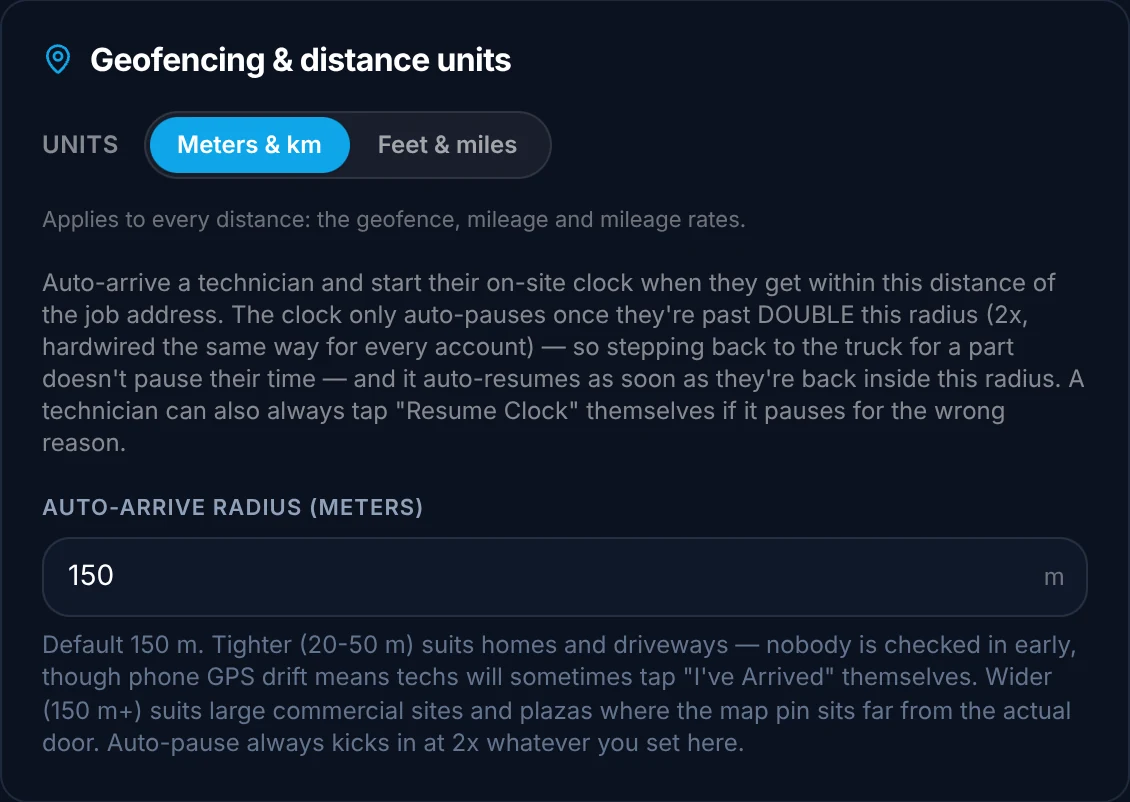 ArrivePing Geofencing and distance units settings: a Meters & km or Feet & miles toggle and the auto-arrive radius set to 150 meters.